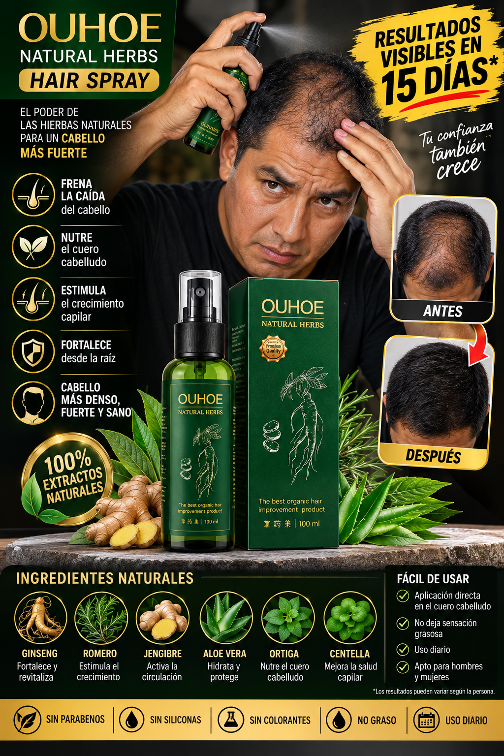 🌿 OUHOE NATURAL HERBS – Spray Capilar Fortalecedor