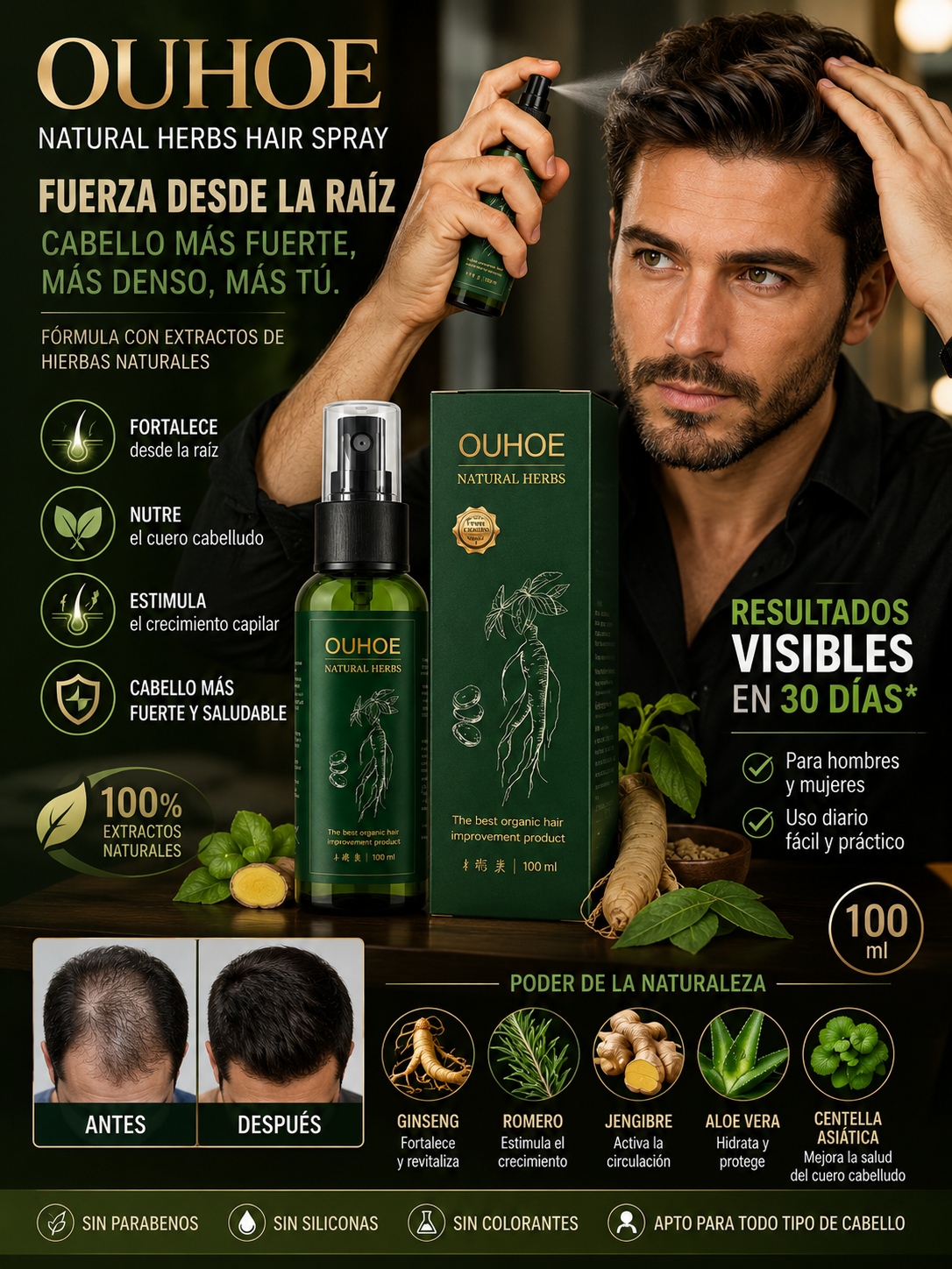 🌿 OUHOE NATURAL HERBS – Spray Capilar Fortalecedor